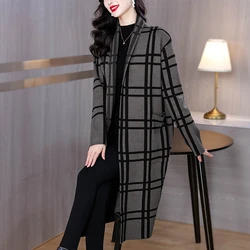 2024 Autumn/Winter New Wool Knitted Long Coat Women's Checkered Jacquard Loose Large Size Slim Knee length Coat