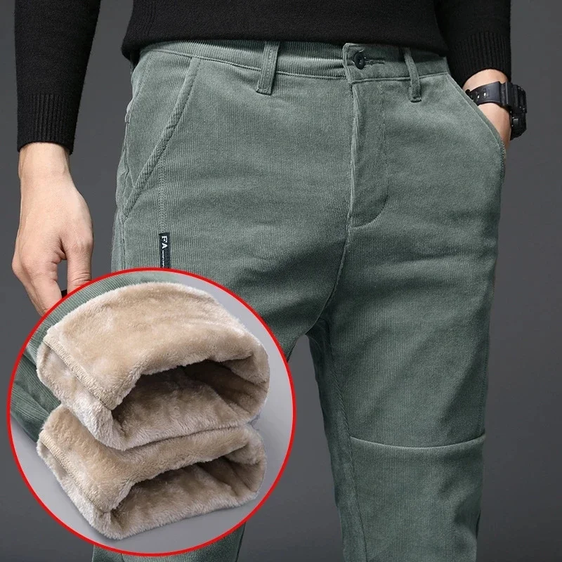 

Pop Quality Cashmere Trousers Men Middle-aged Winter Plus Velvet Thick Warm Men's Corduroy Pants Loose Straight Pants Size 38