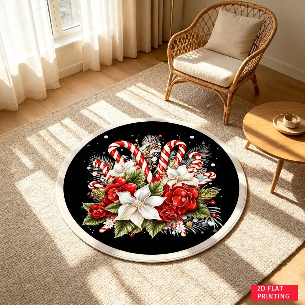 Christmas Candy Cane Round Area Rug Holiday Flower Bouquet Circular Floor Mat Black Winter Accent Carpet for Home Office