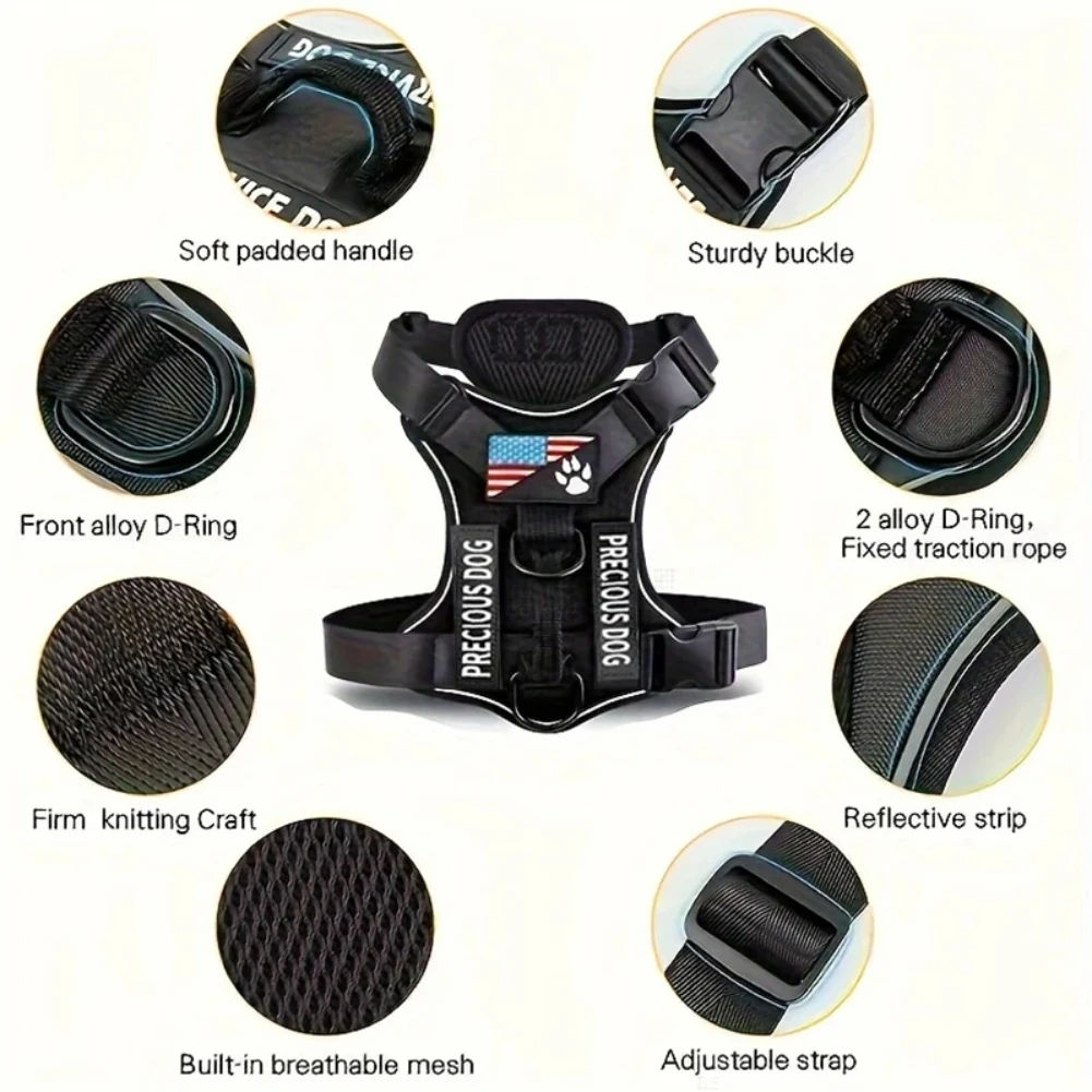 حزام خدمة الكلاب، حزام سترة عاكس للكلاب مع 5 قطع من رقع، حزام أكسفورد ناعم قابل للتعديل للحيوانات الأليفة، شبكة الطبقة الداخلية، سهل