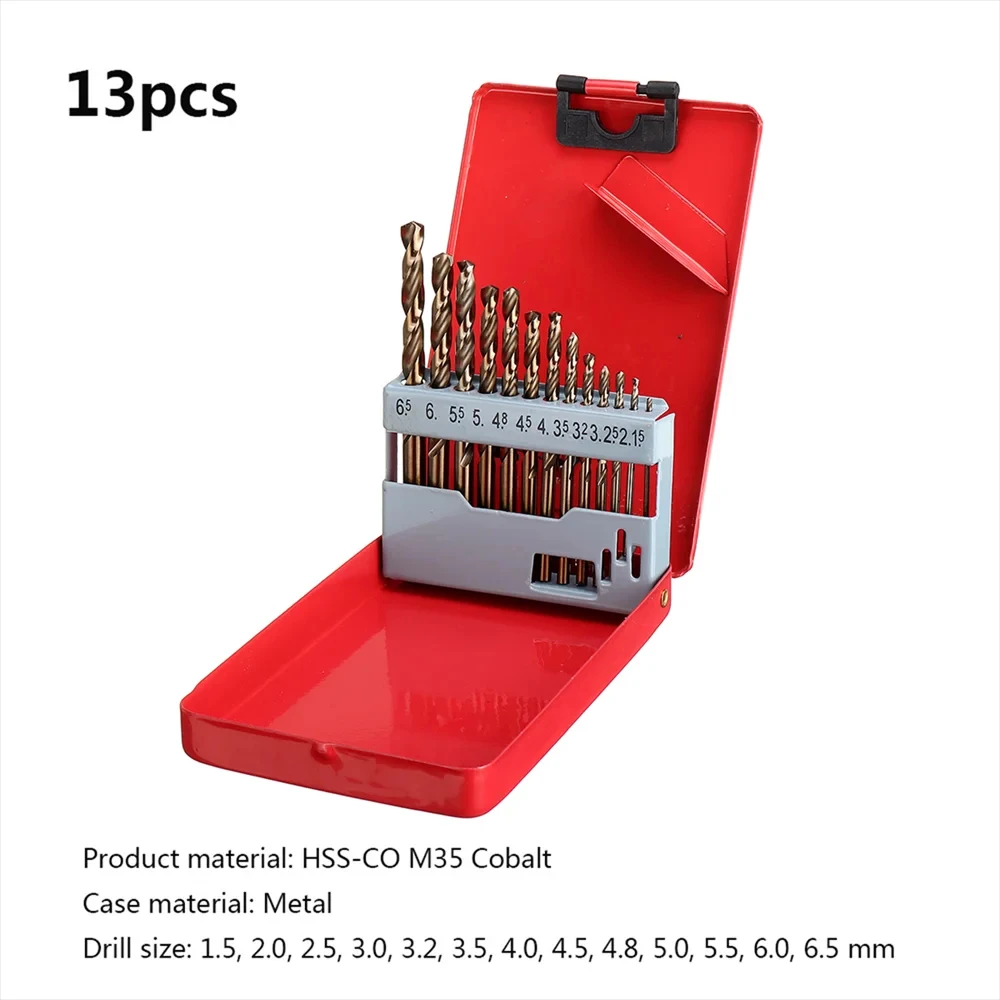 13/19/25Pcs M35 HSS-CO 5% Cobalt Twist Drill Bits, Metric Straight Shank Bit Set with Iron Box for Metal Stainless Steel Driling