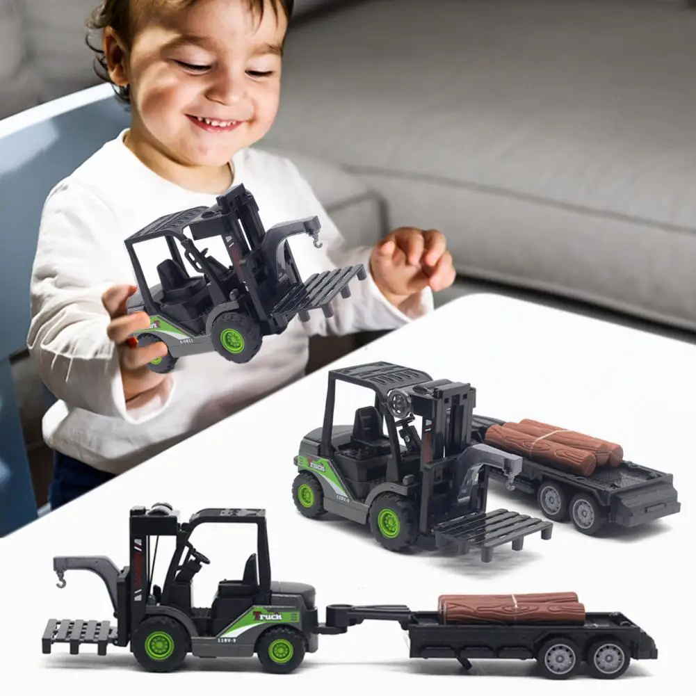 1/55 Kids Alloy Forklift Truck Toy Inertial Drive Die-cast Fork Trailer Truck Toy Construction Vehicle Educational Lifting Crane