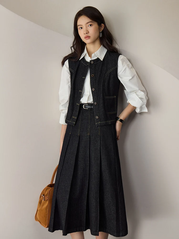 ZIQIAO Retro Fashionable Denim Suit for Female 2023 Autumn New High-waisted Half-body Skirt and Vest Two-piece Sets Women