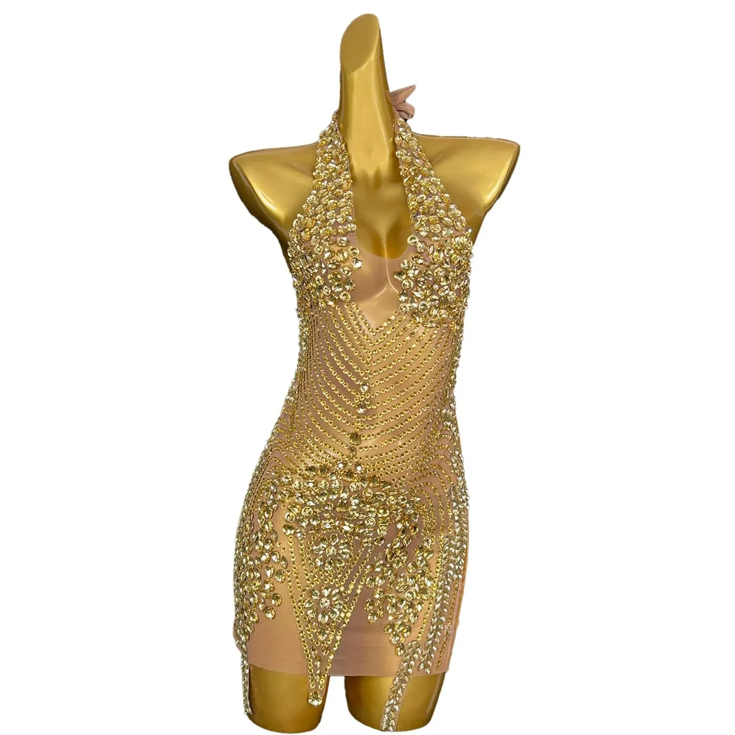 Sexy Gold Rhinestones Women See Through Birthday Evening Club Bar Dress Sparkly Backless Stage Dress Singer Performance Outfit