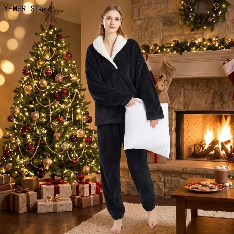 New Autumn Winter Women Thick Coral Fleece Pajama Set 2Pcs Soft Flannel Warm Comfy Loungewear Sleepwear