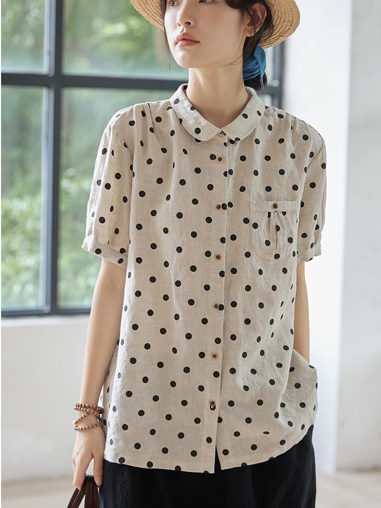 2024 New Spring Summer Dot Cotton Linen Blouse Shirt  Button Elegant Office Ladies Women Casual Loose Tops Temperament Blusas