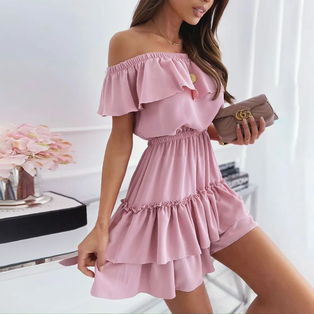 

Casual Fashion Pink Slash Neck Mini Dress Women Nice Summer Sexy Off-shoulder Ruffle Stitching Dress Woman Elegant Party Dresses