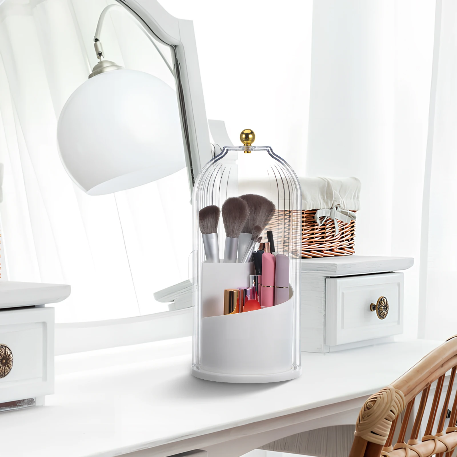 

Makeup Brush Holder Transparent Rotating White Desk Storage Organizer with Lid for Brushes Lipsticks Protective Vanity