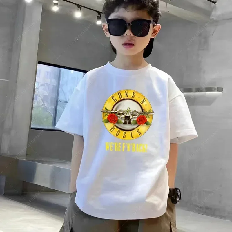 Size3T-14T Kids Rock Band Gun N Roses Print T Shirt Children Summer White Tops Boys and Girls Fashion Casual Child T-shirt Tops