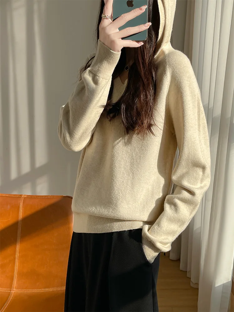 

Basic Autumn Winter Woman Sweater Merino Wool Knitwear Thick Pullover Lady Hoodies Lady Long Sleeve Clothing Tops Hooded Blouse