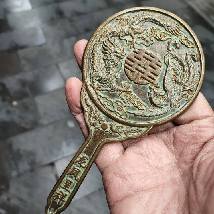 

Antique bronze collection brass wedding hand-held bronze mirror dragon and phoenix bronze mirror home craft ornament