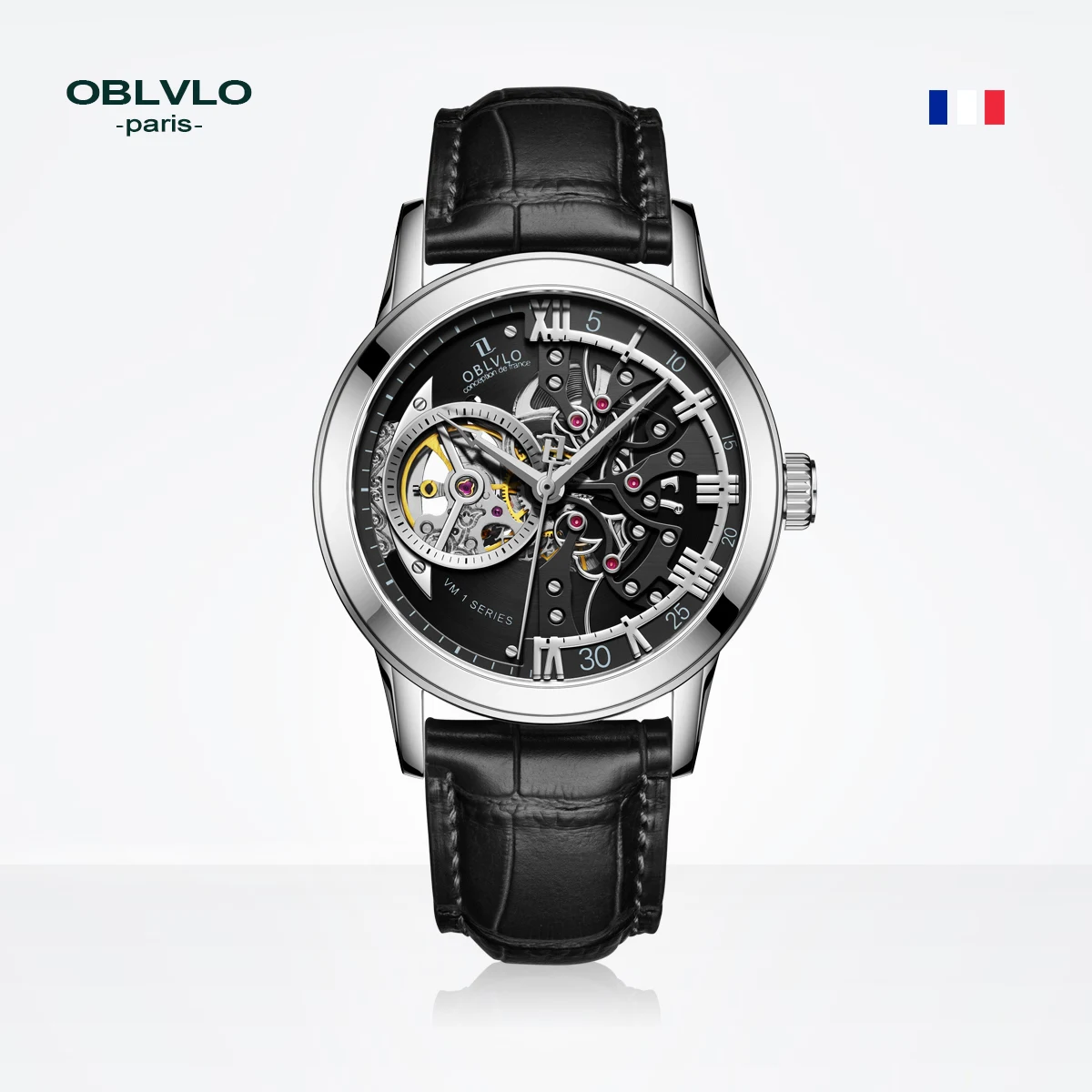 

42mm OBLVLO Luxury Skeleton Mechanical Watch for Men Seagull Automatic Movement Sapphire Leather Waterproof Wristwatch Relogio