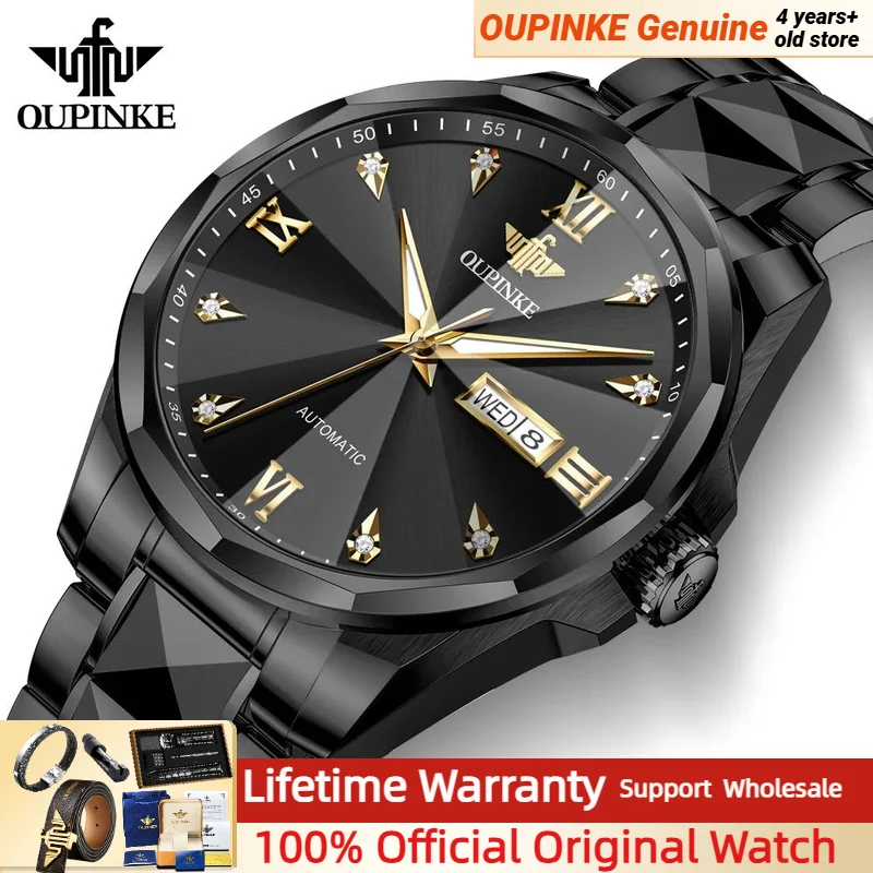 

OUPINKE 3313 Luxury Brand Watch for Men Black Tungsten steel Original Mechanical Watch Original Movement Wristwatch