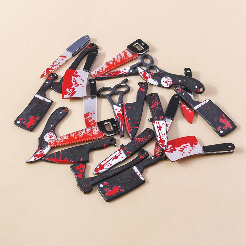 5pcs Resin Halloween Imitation Bloody Knife Charms Dagger Scissors Axe Saw Pendants For Earring Bracelet Necklace DIY Jewelry