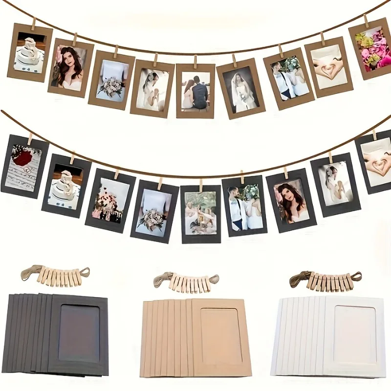 Cadres Photo en papier Kraft Vintage, bannière de drapeau, décoration de maison avec Clips, corde de chanvre adaptée aux mariages, anniversaires, fêtes de vacances