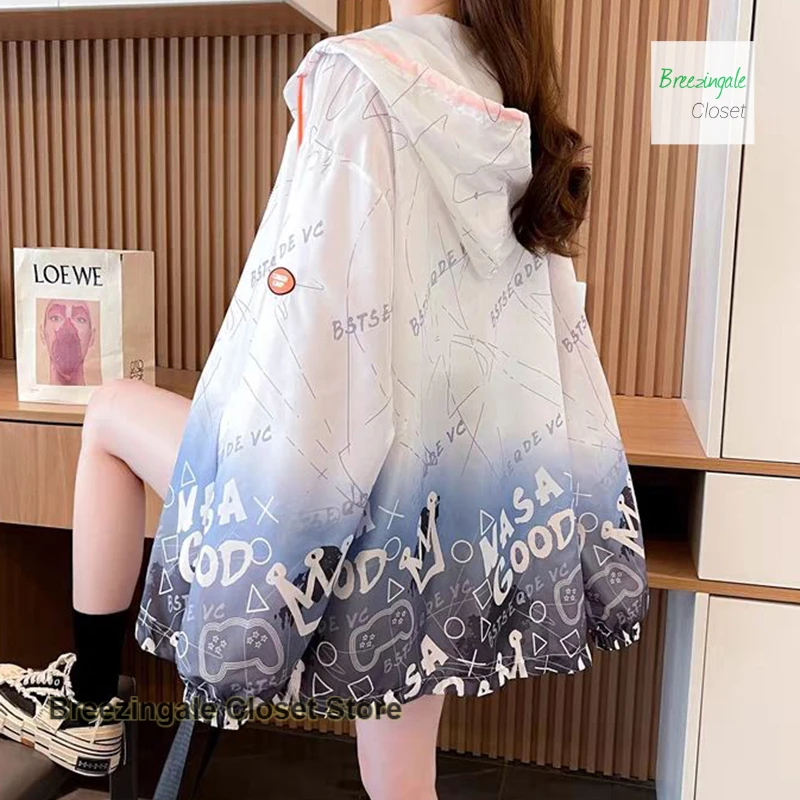 Summer thin letter printing gradient tie-dye sunscreen women French plus size loose fashion new casual Joker cardigan coat.
