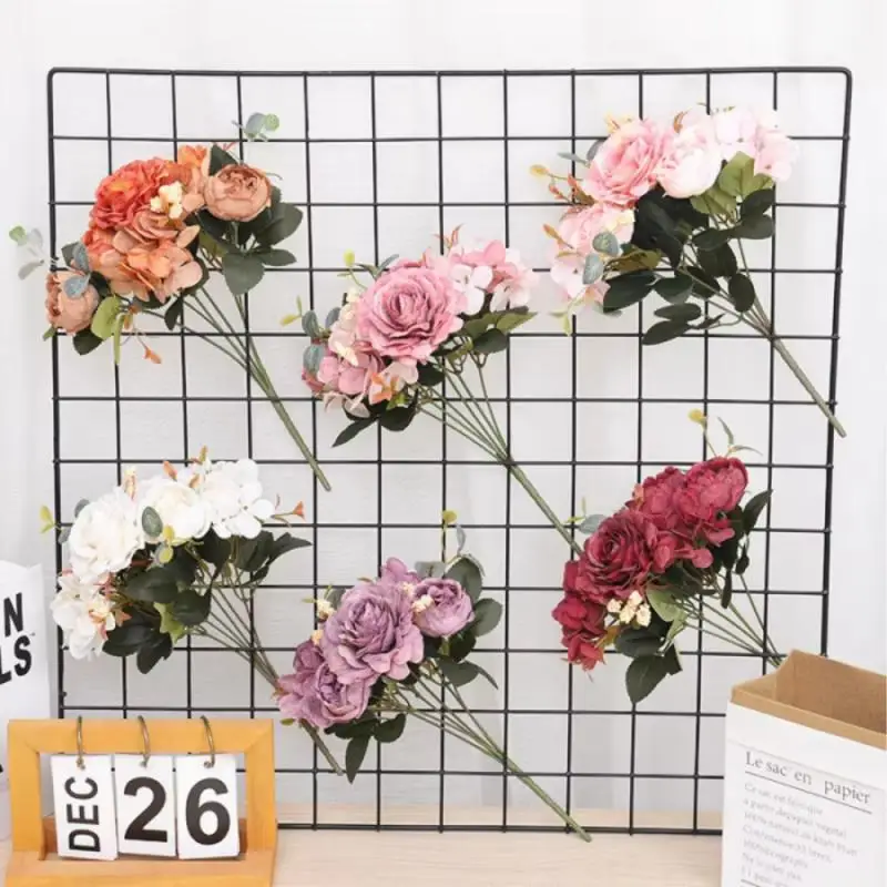 Artificial Flower Vintage Silk Bride Rose Bouquet Hydrangea Peony Vintage Bridal Faux Plant Home Wedding Decoration Accessories