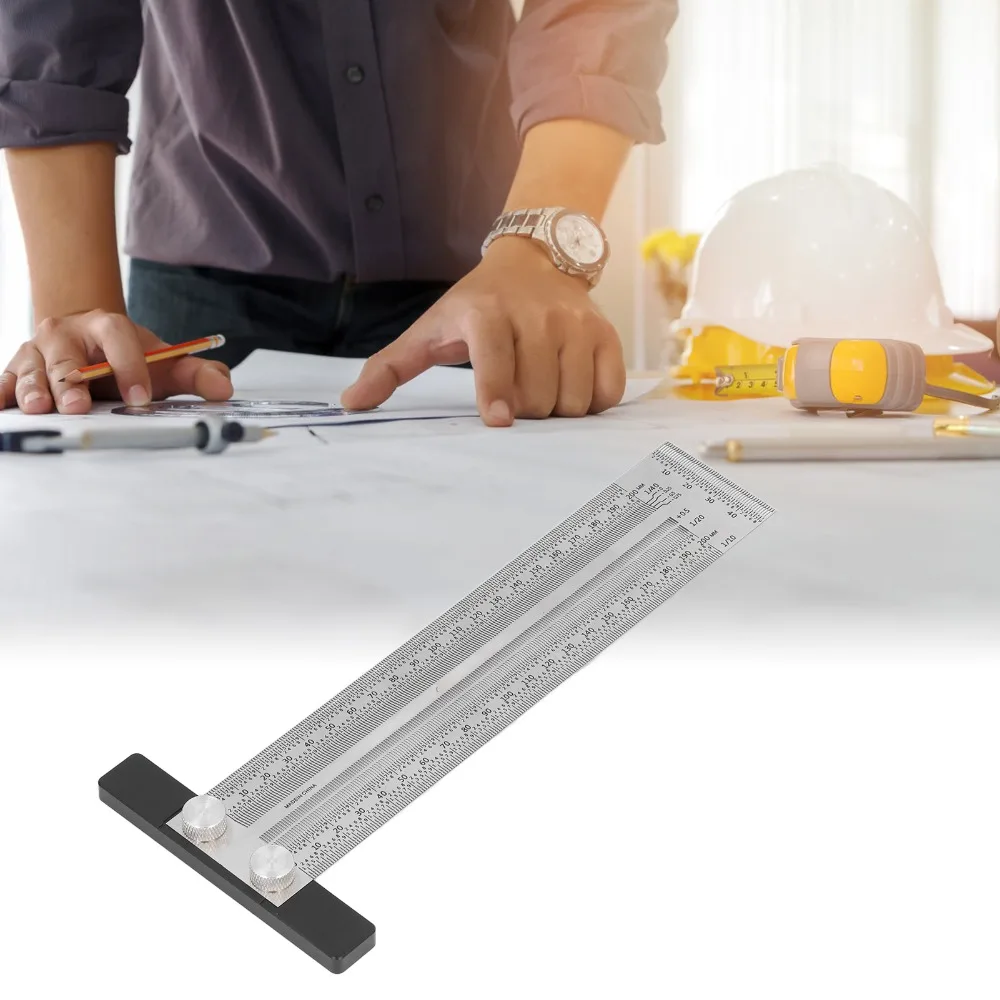Silver Woodworking Marking Ruler Stainless Steel Measuring Length 200mm Carpenter T Ruler Measuring Gauge Woodworking Projects
