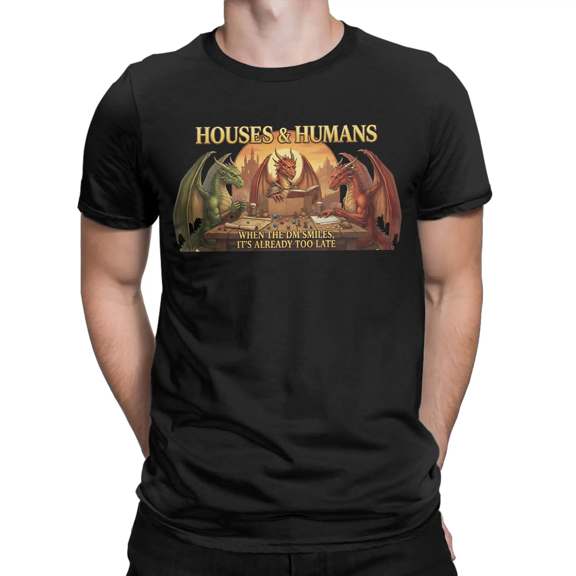 Houses and Humans RPG Parody  T Shirt Men's 100%Cotton Clothing Vintage DnD Round Neck Short Sleeve