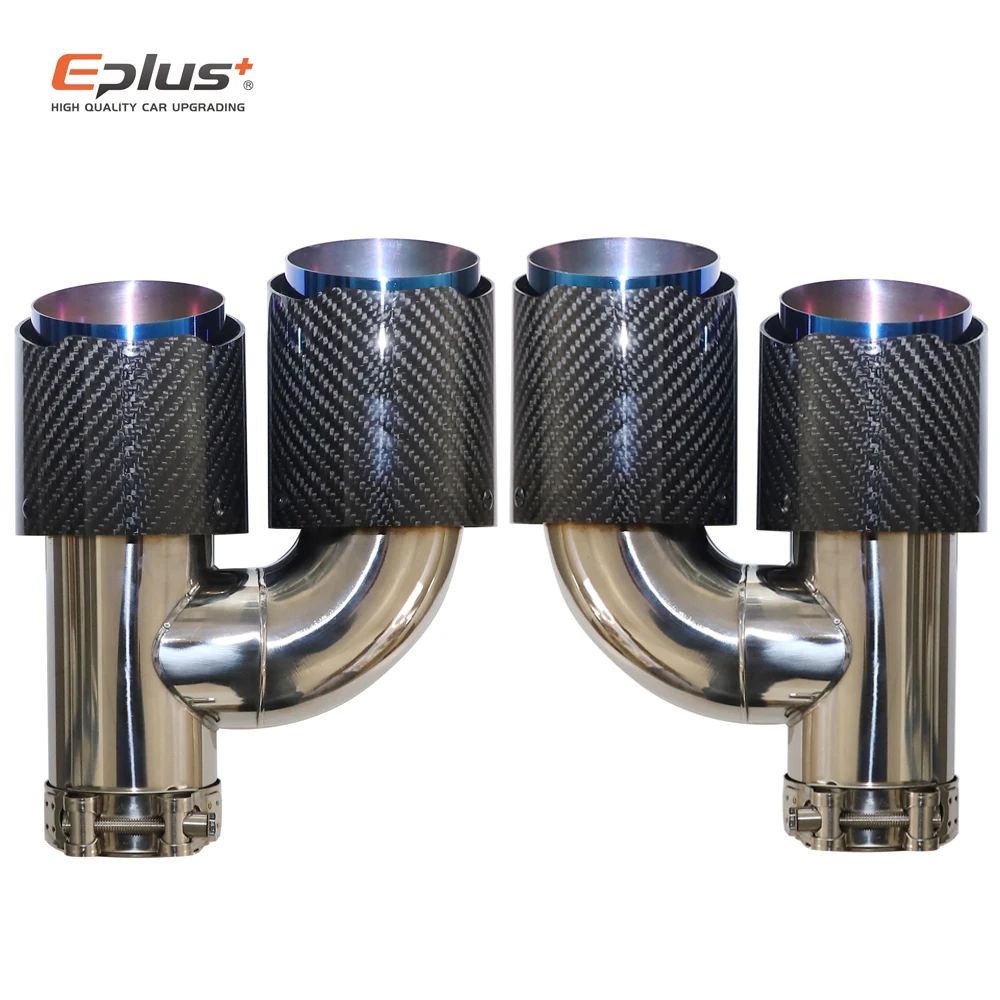 EPLUS Auto Glänzende Carbon-Faser Auspuffblende H-Form Doppelauslass Auspuffrohr Schalldämpfer Düse Dekoration Universal Edelstahl Blau