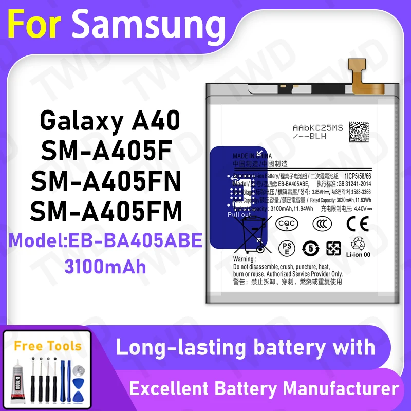 

100% New 3100mAh EB-BA405ABE Battery For Samsung Galaxy A40/SM-A405F Battery Replacement Bateria+Free Tools