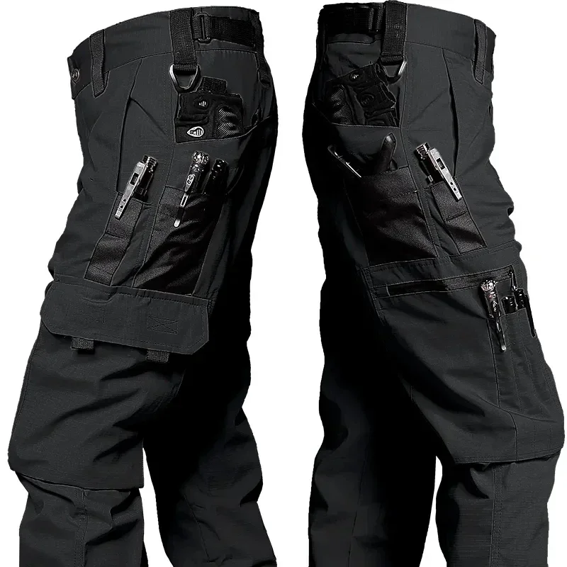 Black Camo Waterproof Pants Men Outdoor Multi-pocket Wear-resistant Cargo Trousers Male Ripstop Training Fishing Tactical Pant