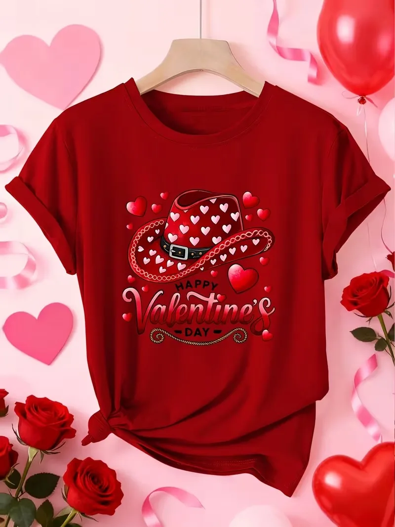 

Women's Short Sleeve T-Shirt with Heart Denim Hat "Happy Valentine's Day" Western-Style Print Fashion Elegant Casual Sporty Tops