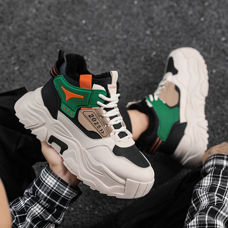 2026 New Men's Autumn Winter Fleece Lined Thick Warm Outdoor Cotton Shoes Thick Sole Anti-slip Trendy Chunky Dad Shoes