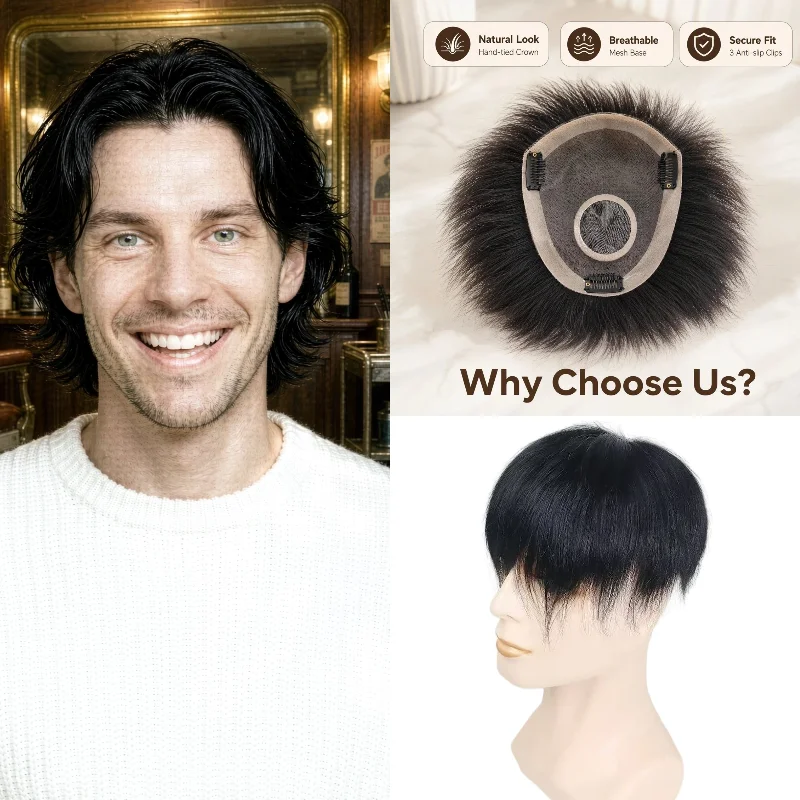 Men Hairpiece Fully Hand-Woven Lace PU Base with Clips Real Human Hair 16x18cm Smooth Shiny No Tangle