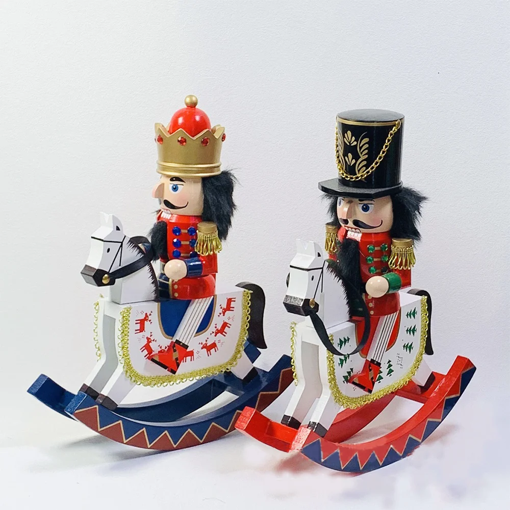 

30CM Rocking Horse Nutcracker Soldier Puppet Wooden Handcraft Nutcracker Riding Horse Toy Ornament Christmas Gift Decoration