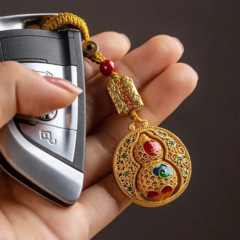 Creative Sand Gold Safe Gourd Car Keychain Key Ring Metal Accessories Couple Bag Pendant Festival Gift