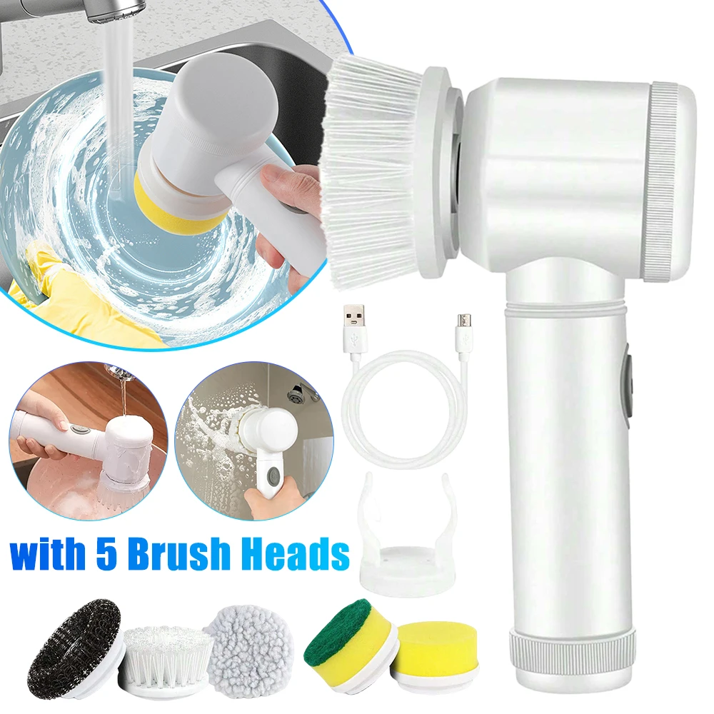 

Electric Spin Scrubber USB Rechargeable with 5 Replaceable Brush Head Kitchen Dishwashing Brush Cordless Handheld Cleaning Brush