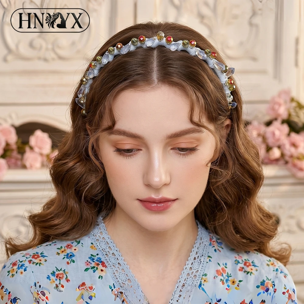 HNYYX Handmade Crystal Beaded Headband With Comb Light Blue Cloth Wrapped Hair Hoop Women Daily Party Hair Accessories A435