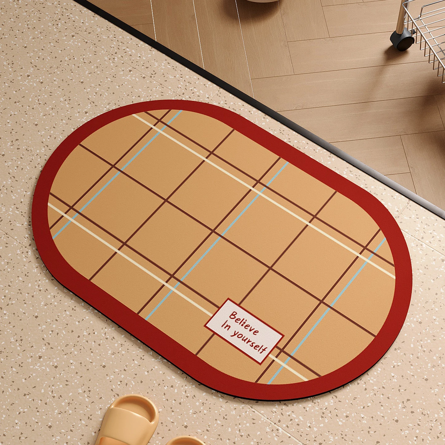 Fast-Drying Diatomite Bath Mat Quick-Dry Color-Block Checkered Bathroom Rug Super Absorbent Non-Slip Floor Pad