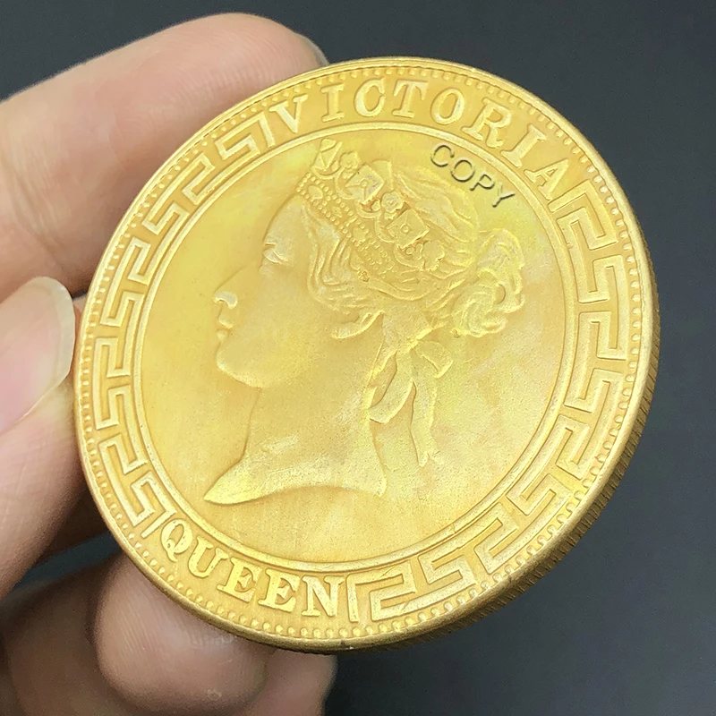 China 1867 Hong Kong UK Victoria Queen 1 Dollar Replica Gold Coin Brass Metal Commemorative Perfect for Collectors & Gift