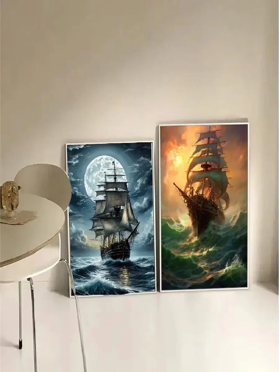 Pirate Ship Sailboat Sailing Ocean Moon Canvas Painting Poster Wall Picture Print for Living Room Home Decor