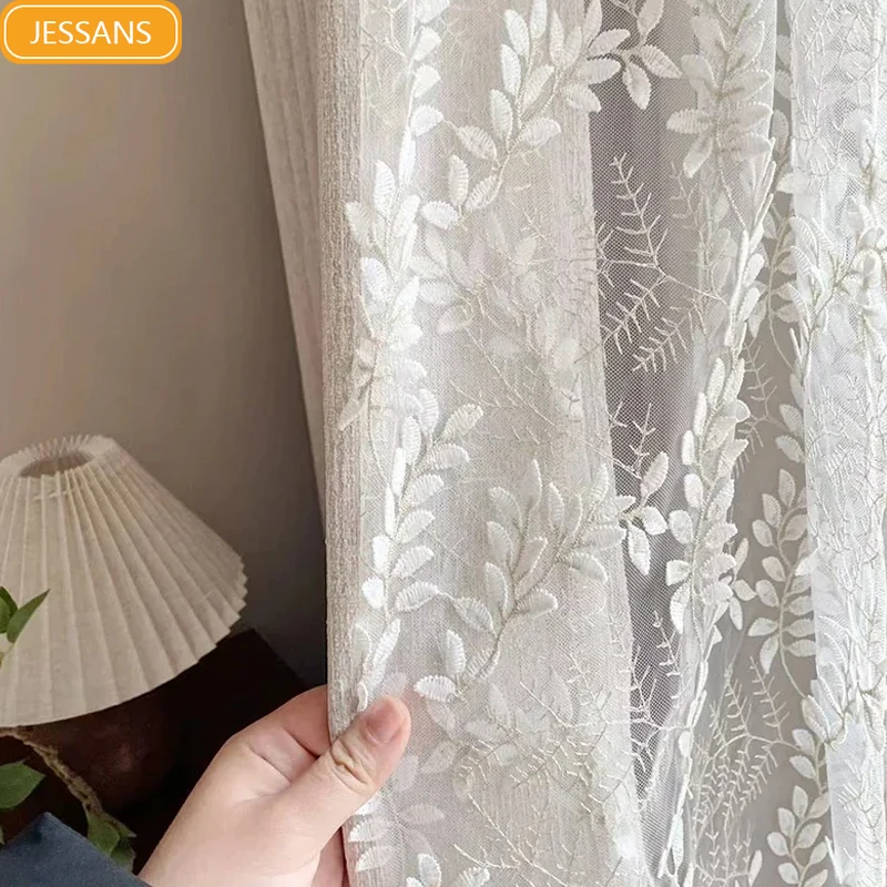 

Cream Beige Relief Leaf Embroidered Yarn Splicing Chenille Curtains for Living Room Bedroom Balcony Window Curtains Customized