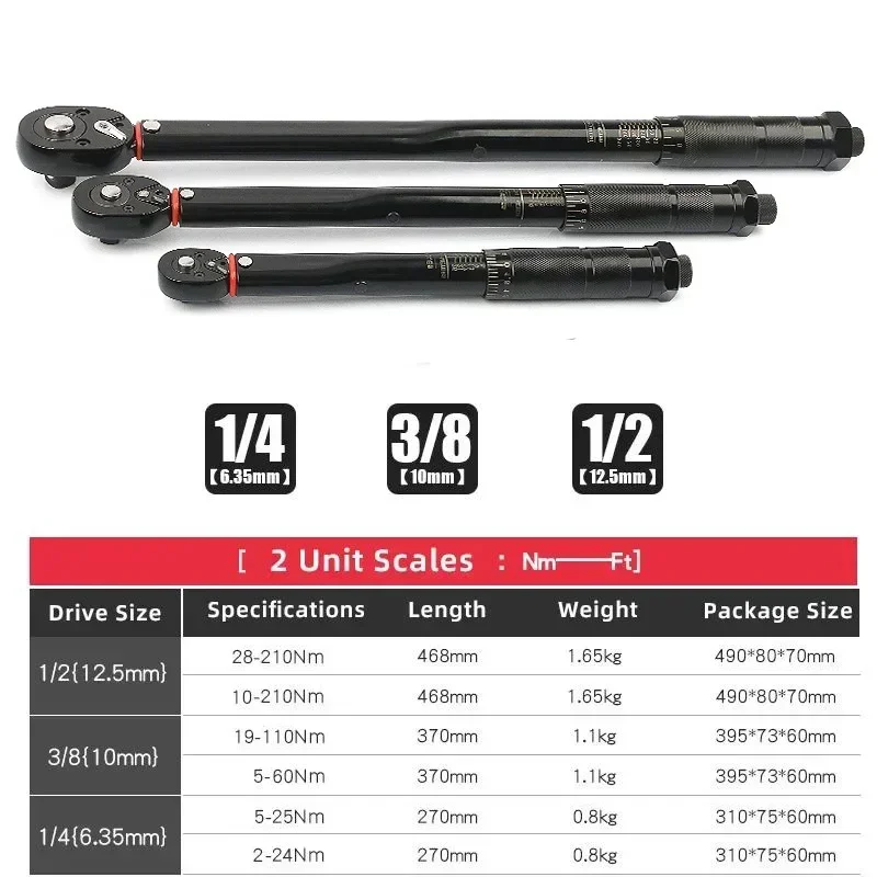 2-24N.m Torque Wrench  1/4\'\' Square Drive Preset Bicycle Torques Key Two-way Ratchet Car Bike Automotive Hand Tools