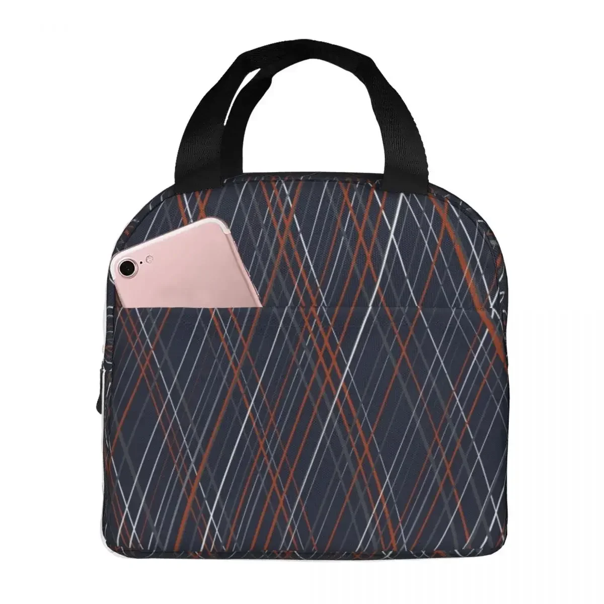 Navy And Rust Crossing Diagonal Lines Insulated Lunch Bags Waterproof Picnic Bags Lunch Tote for Woman Work Children School