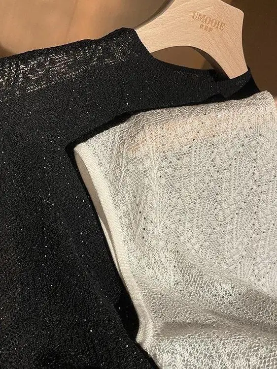 Spring Summer Women's Loose Fit Short Sleeve T-Shirt Style Silk Knitted Top Thin Vest Versatile Casual round Neck Tank Top