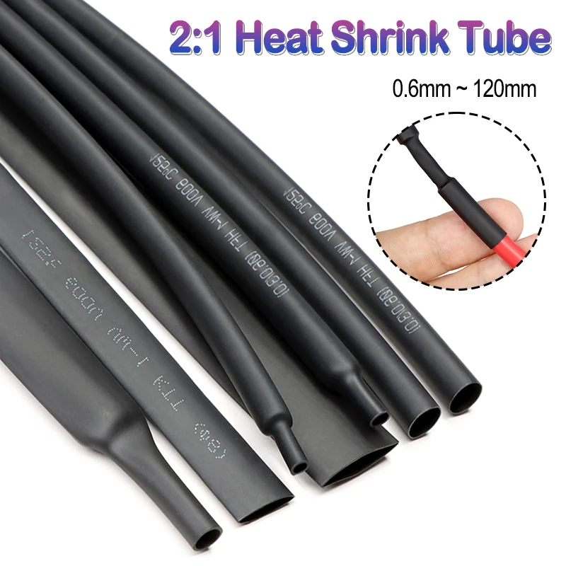 1-10m Black 2:1 Heat Shrink Tube Diameter 0.6~120mm Wire Cable Repair Wrap Sleeving DIY Polyolefin Waterproof Insulation Tubing