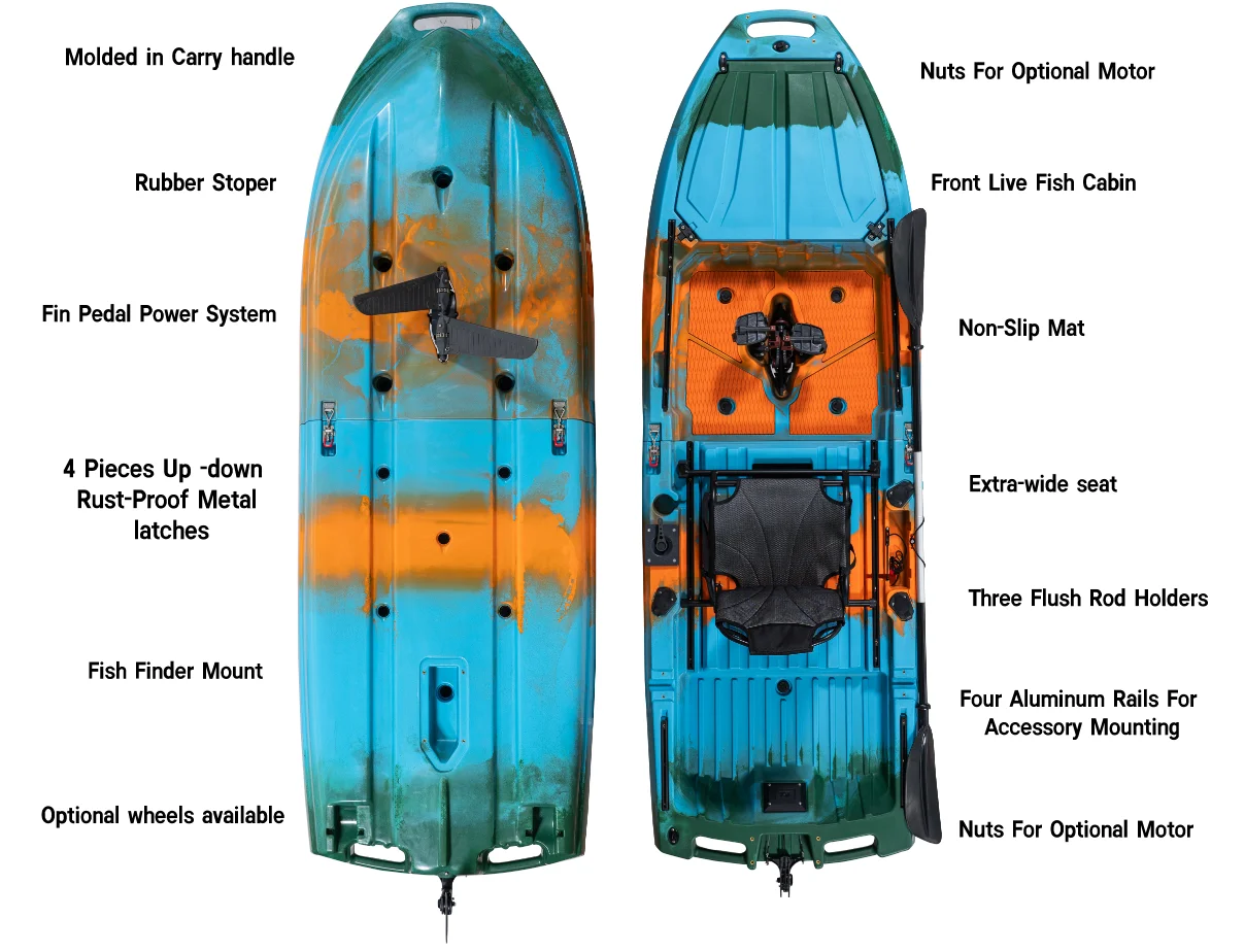 جديد وصول 2 قطع مقعد واحد الجلوس على أعلى رفرف زعنفة دواسة قارب صيد كاياك مع عجلات وكرسي مجداف لمياه المحيط #4