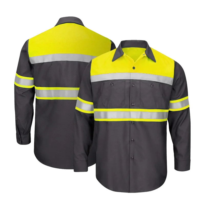 Two Tone Short Sleeve Safety Work shirt Reflective Workwear 100% Cotton Yellow Navy Safety Shirts With Hi Vis Tapes