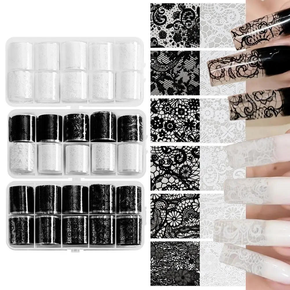 Sexy Black White Lace Nail Art Transfer Stickers, 10 Rolls Floral Full‑Wrap Waterproof Nail Foil, Easy‑Use Adhesive Manicure