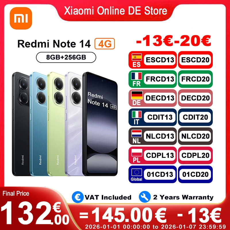 Xiaomi Redmi Note 14 4G Version Europ�enne 128GB/256GB MTk Helie G99-Ultra AMOLED �cran 6,67