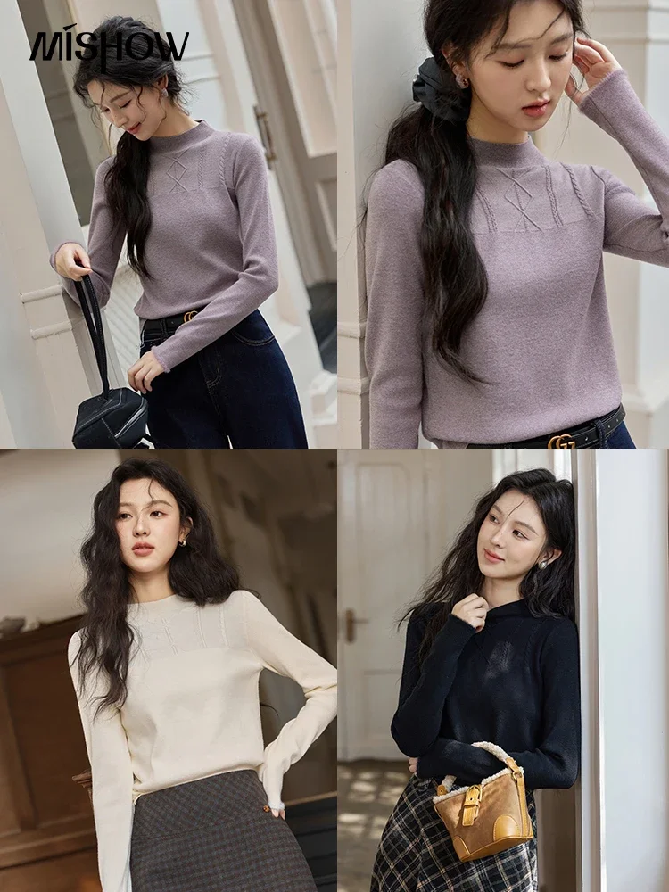 MISHOW Solid Knit Sweater Women 2024 Autumn Winter Half High Collar Slim Bottoming Pullovers Thin Slim Simple Sweater MXD46Z0802