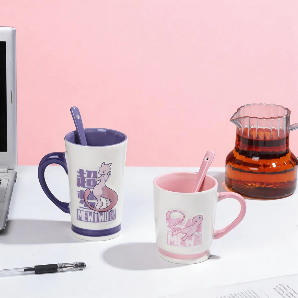 SHUNXIANG Pokemon Mewtwo Ceramic Mug Set Coffee Cups Ceramic Mug With Spoon With Gift Box Kawaii Breakfast Milk Juice Cup Gifts