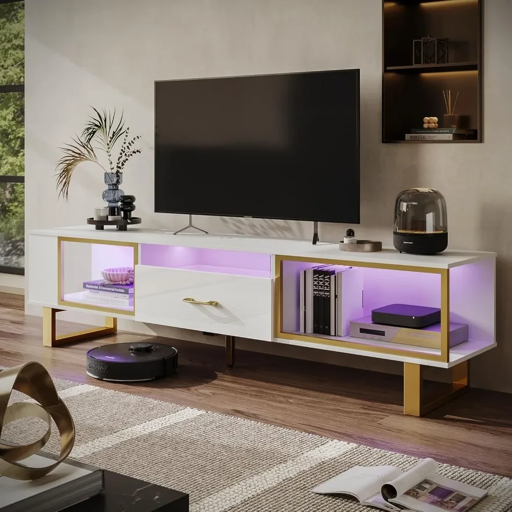 TV Stand with LED Light for TVs up to 80 Inch, Modern Entertainment Center with Open Storage and Half-Glass Design Drawer