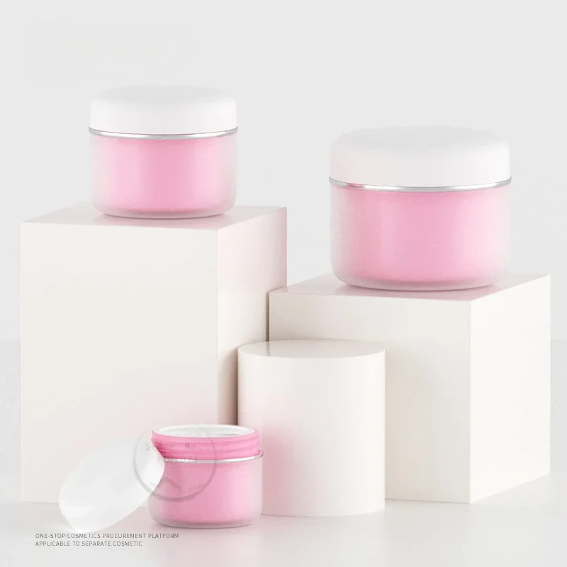 Frascos de crema cosmética escarcha blanca y rosa con ángulo R de 30-150g, macetas de plástico vacías, contenedores de maquillaje de doble capa, tapa de línea blanca y plateada