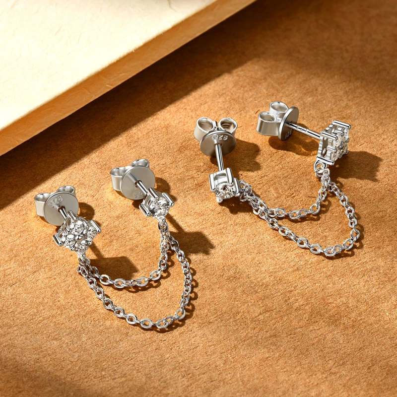 Lnngy 925 Sterling Silber Doppel Ohrstecker Kette Quaste Ohrringe Zertifiziert 3mm & 2mm Blume Moissanit Tropfen Ohrring für Frauen Geschenk – Detail 10